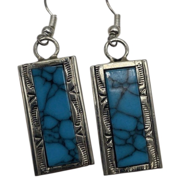 Native American Jewelry - Native American crafted Turquoise and Silver Rectangular Earrings